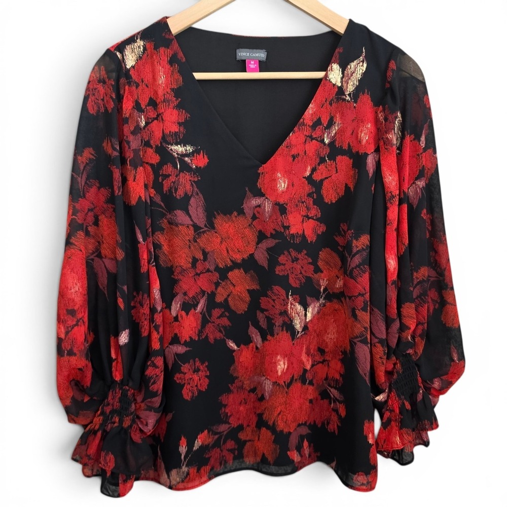 Vince Camuto Top Womens Medium Red Black Floral Print V Neck Blouse Lined Casual